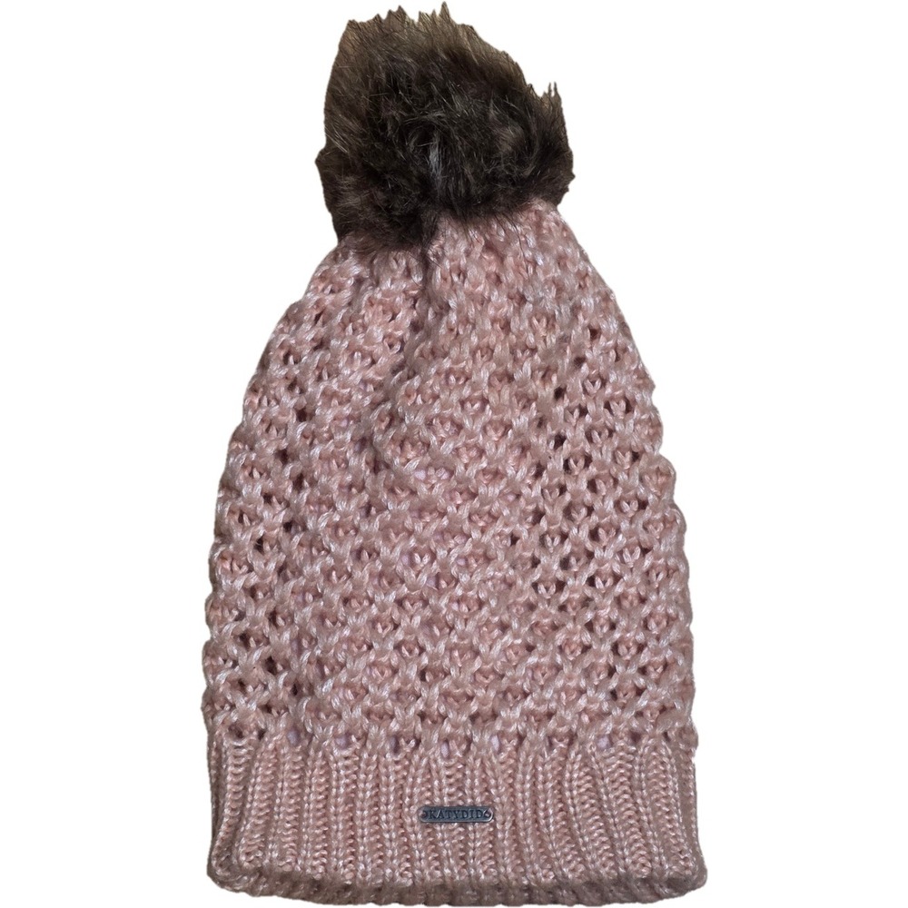 KATYDID Pom Pom Knit Pink Beanie Hat Women's Cable Faux Fur Winter Warm One Size